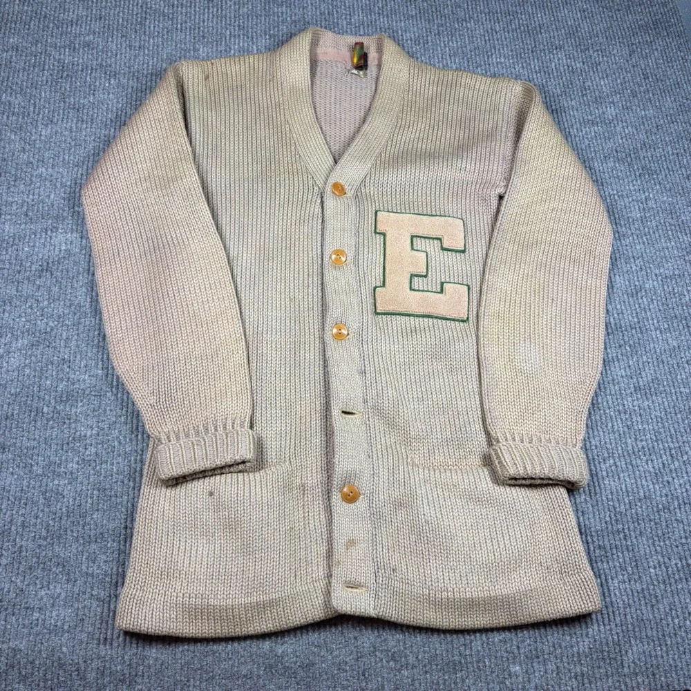 Vintage Lamb Knit Wool Letterman 50s Cardigan Sweater Tan‎ Men Size 38 Patch E